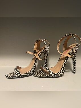 JustFab Black and White Polka Dot Ankle-Strap High Heel Sandals